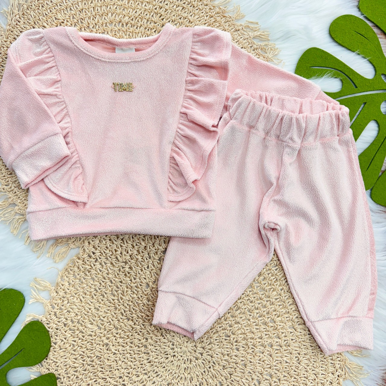 Conj. Blusa Manga Longa e Calça em Plush Foil com Brilhos Time - Rose